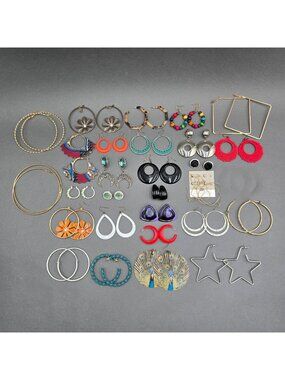 30pr Vintage 80s 90s Hoop Dangle Earring Lot Boho Retro Enamel Geometric Gold To